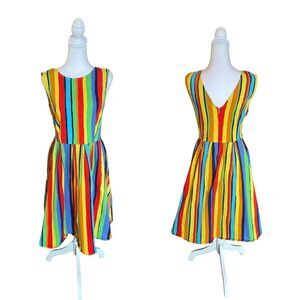 Rainbow Striped Mini Dress Retro 1950s Rockabilly Party Swing Dress Womens 2XL